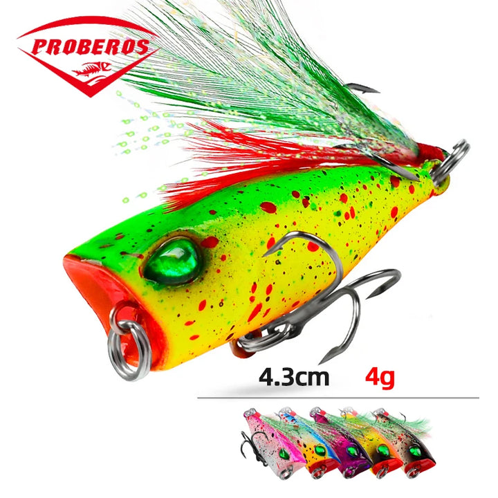 Mini Popper Fishing Lures 4.3cm 4g Topwater Hard Bait Artificial Wobblers Plastic Pesca Fishing Tackle with 10# Feather Hooks