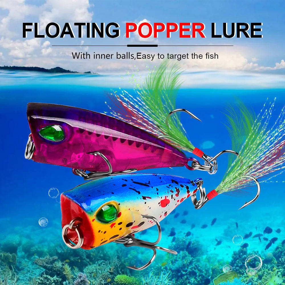 Mini Popper Fishing Lures 4.3cm 4g Topwater Hard Bait Artificial Wobblers Plastic Pesca Fishing Tackle with 10# Feather Hooks