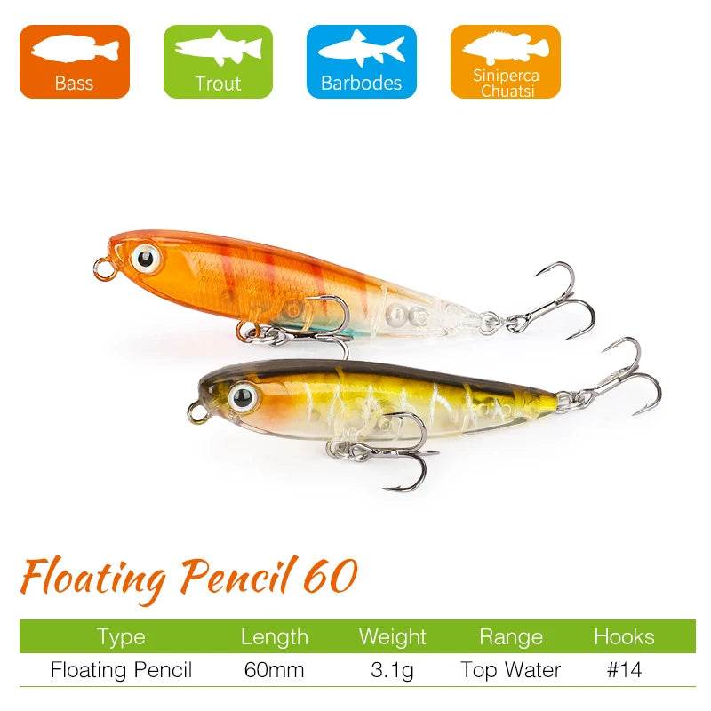 TSURINOYA Floating Pencil 60F – Walk-the-Dog Topwater Lure - Fish & Cheaps | Fishing & Outdoor Gear