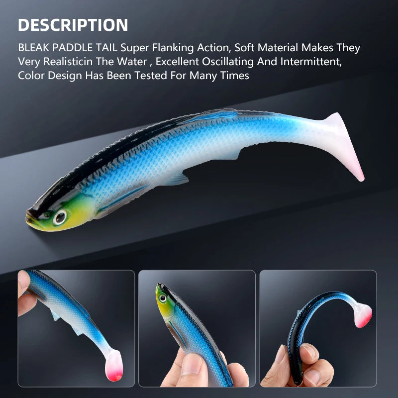 MEREDITH 4.73" Bleak Paddle Tail 14.5g 4pcs 120mm Fishing Soft Lures 3D Eyes T Tail Artificial Bait Plastic Pike Fishing Lures