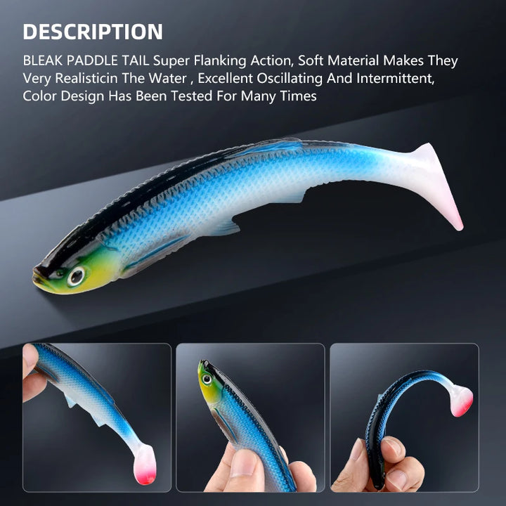 MEREDITH 4.73" Bleak Paddle Tail 14.5g 4pcs 120mm Fishing Soft Lures 3D Eyes T Tail Artificial Bait Plastic Pike Fishing Lures