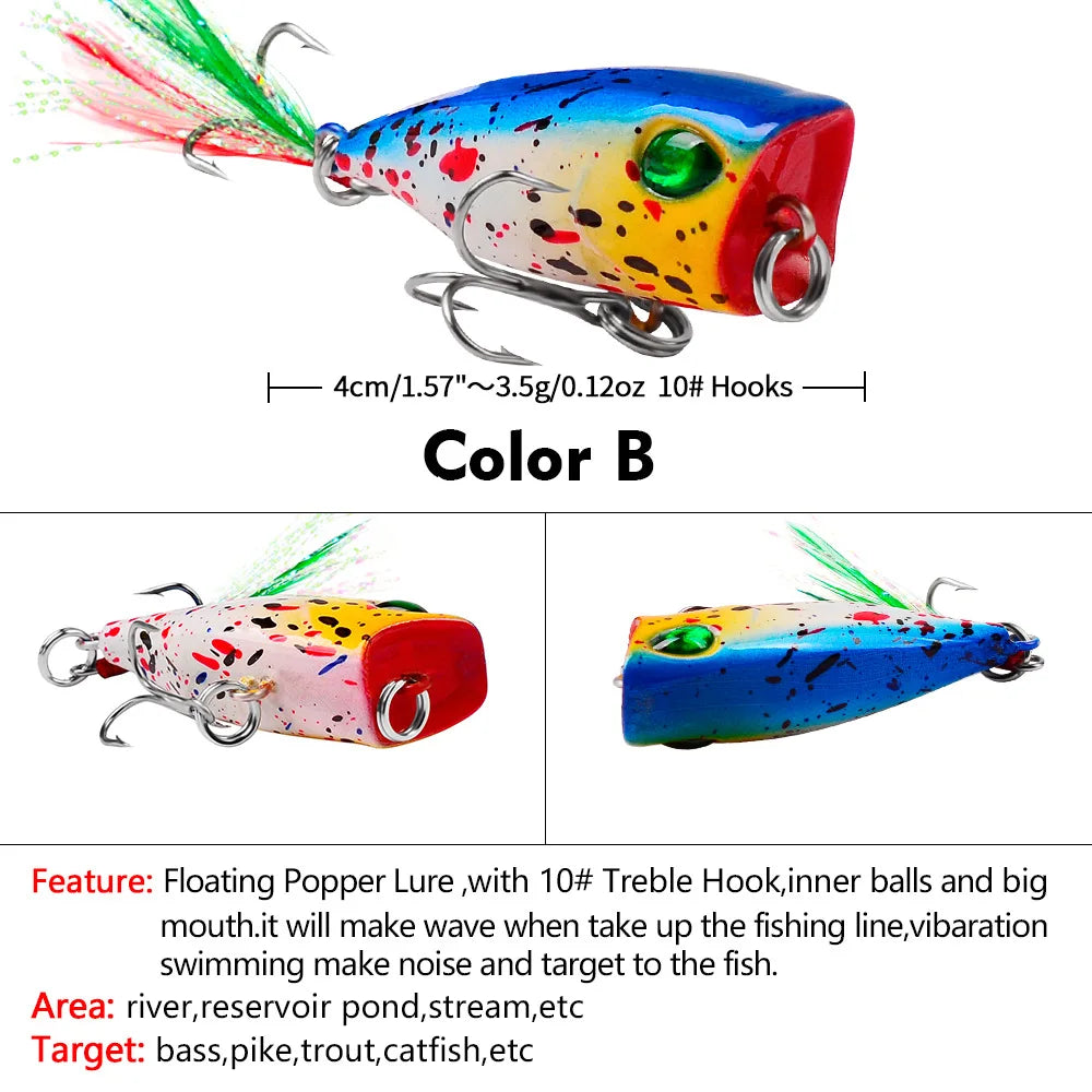 Mini Popper Fishing Lures 4.3cm 4g Topwater Hard Bait Artificial Wobblers Plastic Pesca Fishing Tackle with 10# Feather Hooks