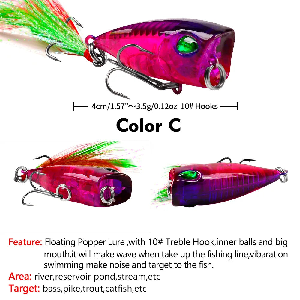 Mini Popper Fishing Lures 4.3cm 4g Topwater Hard Bait Artificial Wobblers Plastic Pesca Fishing Tackle with 10# Feather Hooks