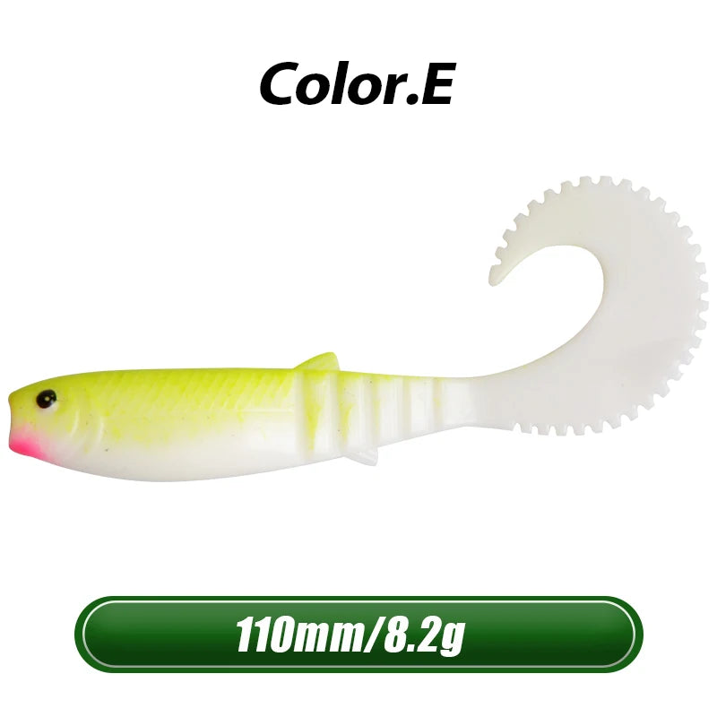 MEREDITH 5pcs 110mm 8.2g Cannibal Curved Tail Fishing Lures baitJerk Sea Big Bait Soft Lure Paddle Tail Silicon Bait Sea Fishing