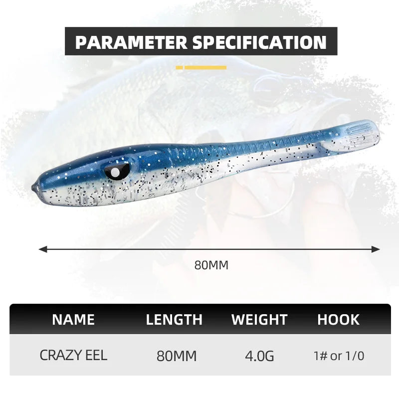BLUX Crazy Eel 80mm 8pcs/bag Soft Fishing Lure Seabass Artificial Bait Silicone Worm Shad Needfish Saltwater Bass Fishing Tackle