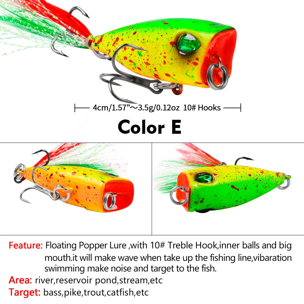 Mini Popper Fishing Lures 4.3cm 4g Topwater Hard Bait Artificial Wobblers Plastic Pesca Fishing Tackle with 10# Feather Hooks