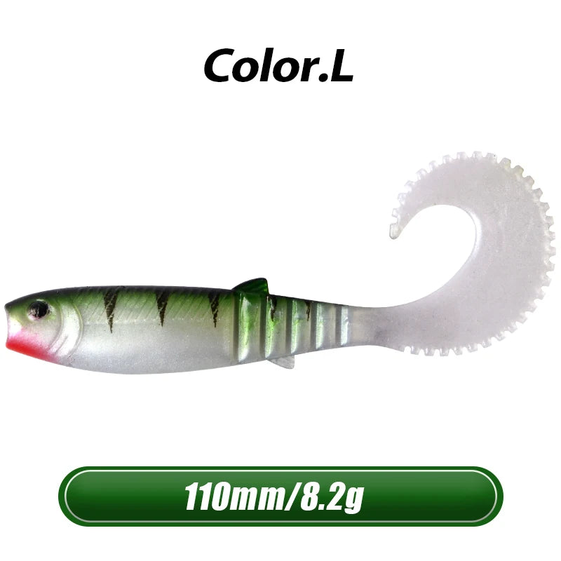 MEREDITH 5pcs 110mm 8.2g Cannibal Curved Tail Fishing Lures baitJerk Sea Big Bait Soft Lure Paddle Tail Silicon Bait Sea Fishing