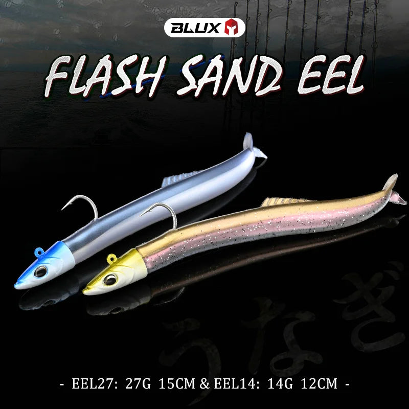 BLUX FLASH SAND EEL 14G/27G Soft Fishing Lure Tail Jig Head Hook Minnow Artificial Bait Saltwater Sea Bass Swimbait Tackle Gear