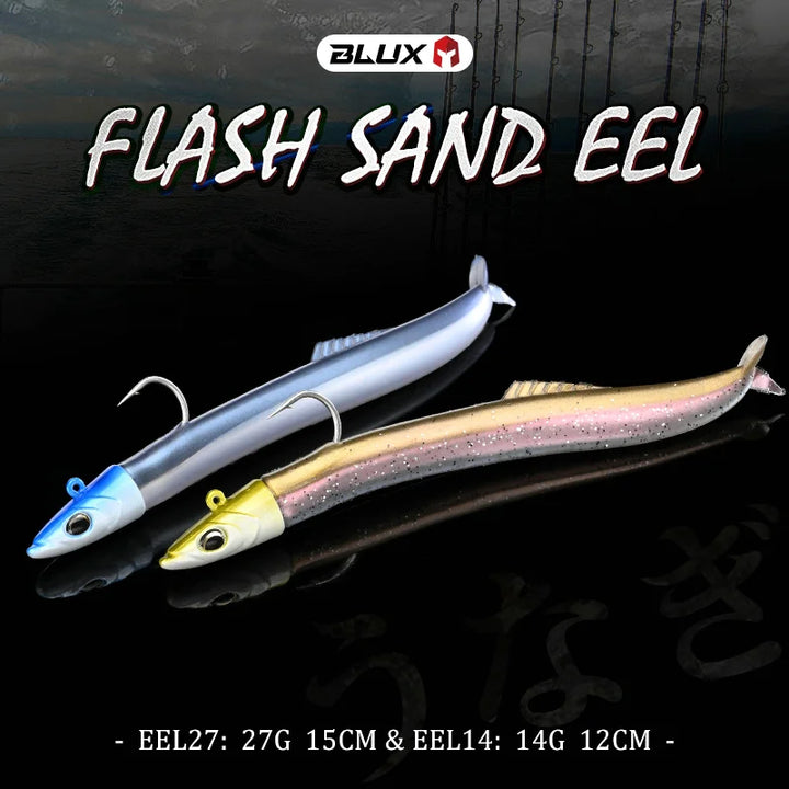 BLUX FLASH SAND EEL 14G/27G Soft Fishing Lure Tail Jig Head Hook Minnow Artificial Bait Saltwater Sea Bass Swimbait Tackle Gear