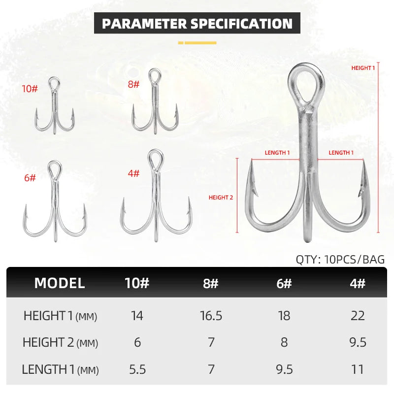BLUX 2X Strong O'SHAUGHNESSY Treble Hooks 4# 6# 8# 10# 10pcs/lot Matt Tin Saltwater Fishing Lure Sharp Fishhook Terminal Tackle