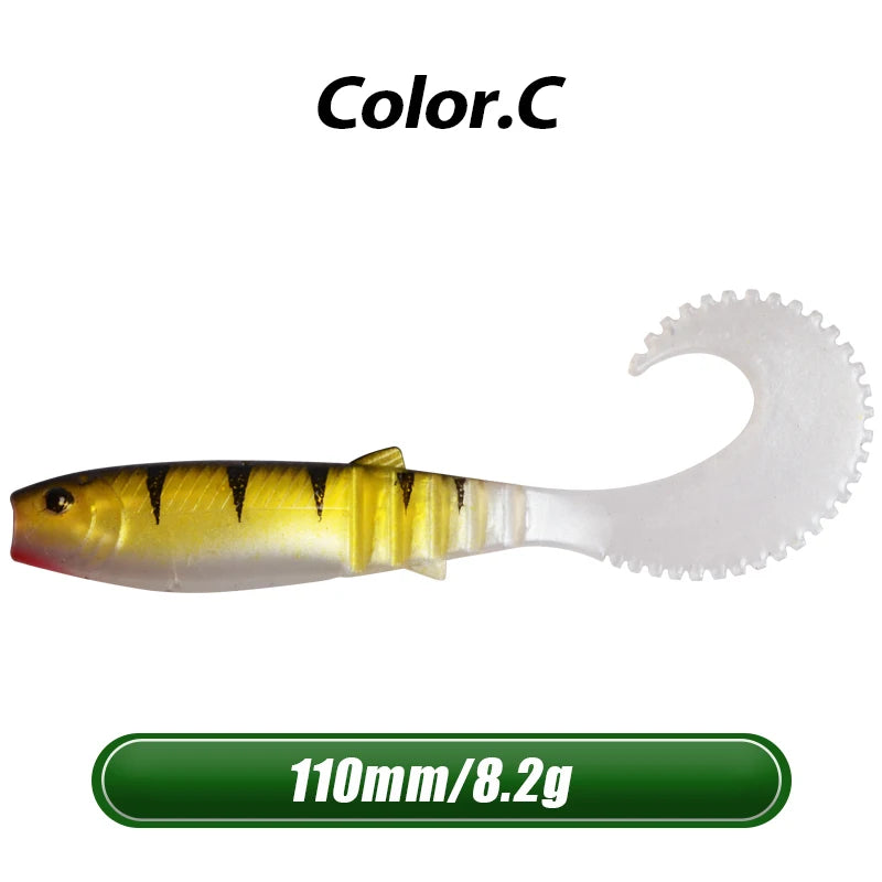 MEREDITH 5pcs 110mm 8.2g Cannibal Curved Tail Fishing Lures baitJerk Sea Big Bait Soft Lure Paddle Tail Silicon Bait Sea Fishing