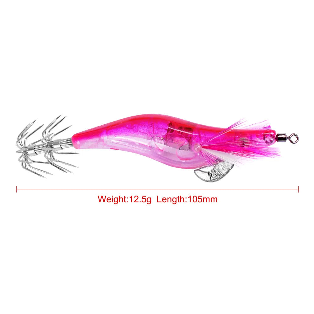6Pcs 12.5g Battery light Squid bait Wooden Shrimp jig hook Fishing Octopus Lures Cuttlefish Artificial luminous jigging lure