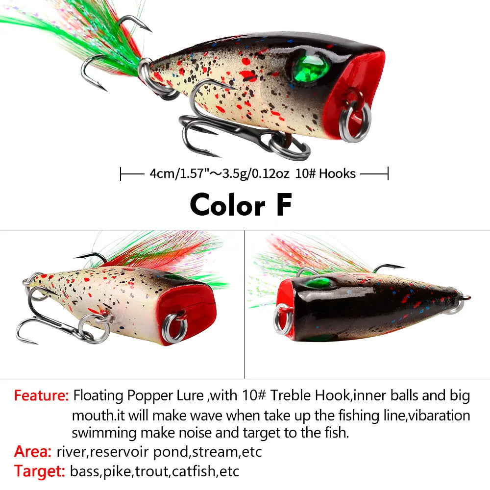 Mini Popper Fishing Lures 4.3cm 4g Topwater Hard Bait Artificial Wobblers Plastic Pesca Fishing Tackle with 10# Feather Hooks