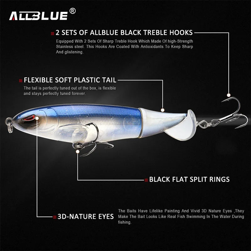 ALLBLUE Whopper Popper 9cm/11cm/13cm Topwater Fishing Lure Artificial Bait Hard Plopper Soft Rotating Tail Fishing Tackle Geer