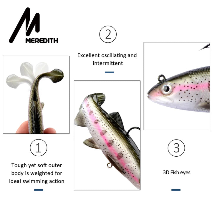 MEREDITH Trout 12cm 15cm Head PVC Fishing Lures Swimming Artificial Baits T Tail Silicone Soft Lures Swimbait Wobblers