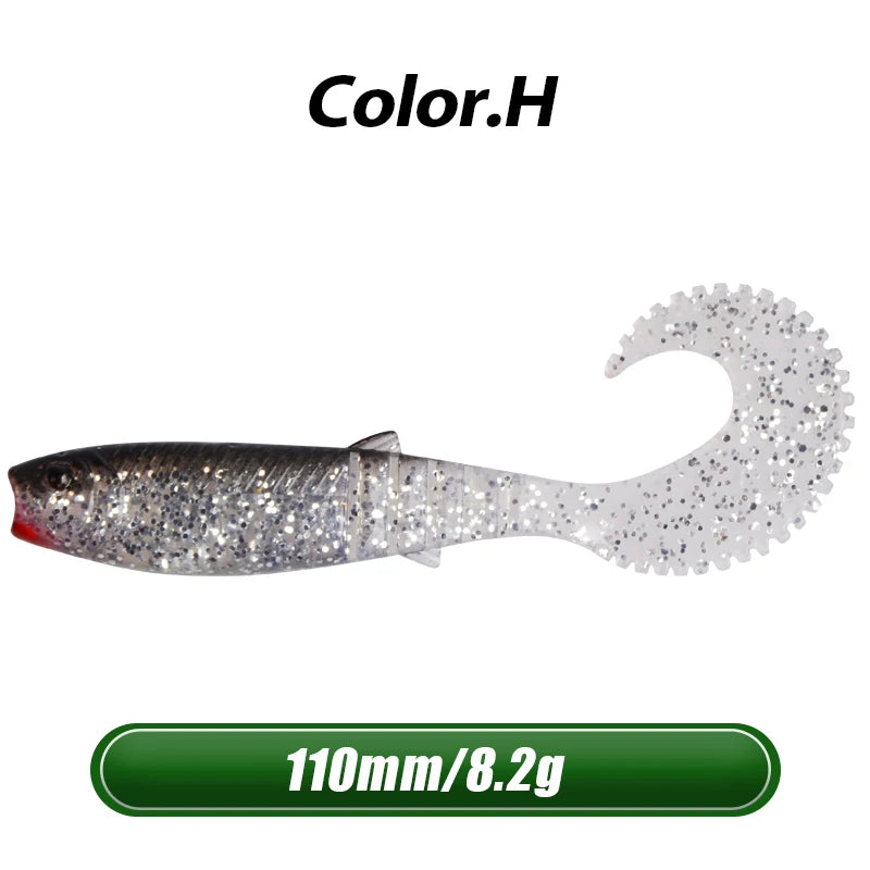 MEREDITH 5pcs 110mm 8.2g Cannibal Curved Tail Fishing Lures baitJerk Sea Big Bait Soft Lure Paddle Tail Silicon Bait Sea Fishing