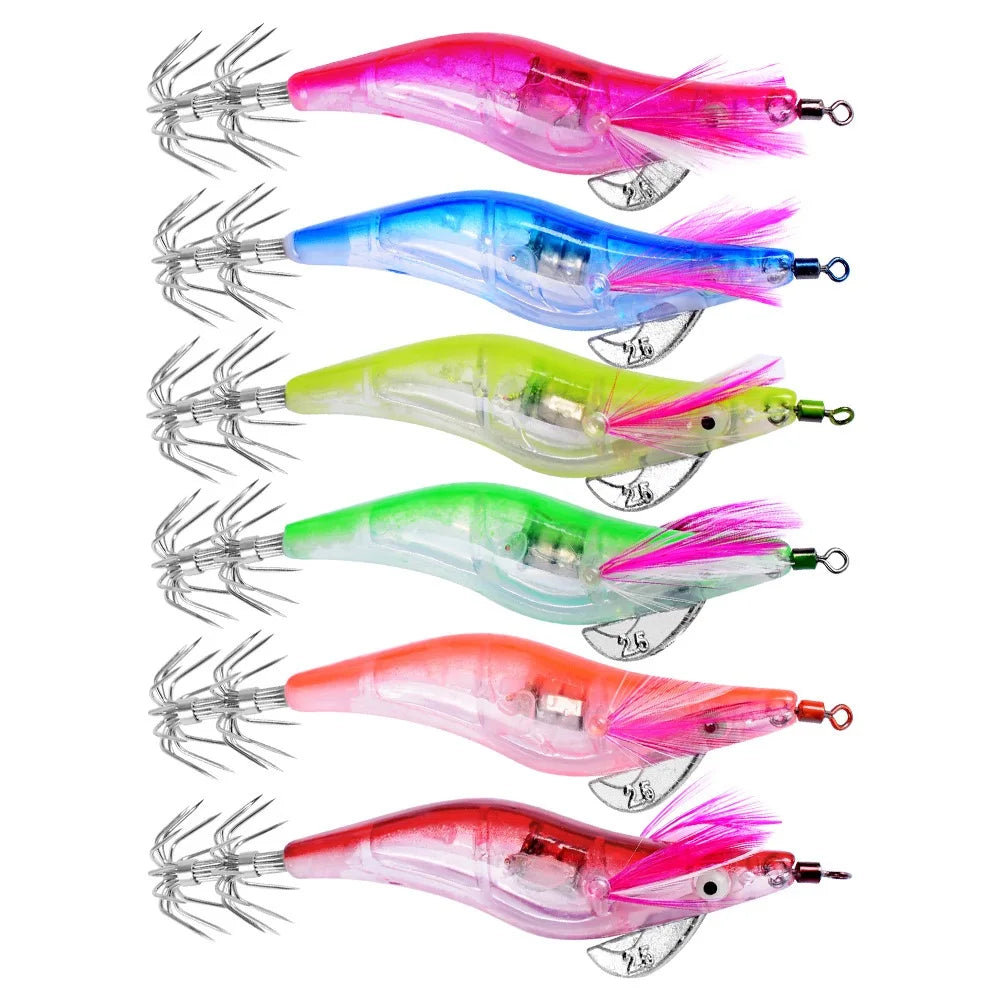 6Pcs 12.5g Battery light Squid bait Wooden Shrimp jig hook Fishing Octopus Lures Cuttlefish Artificial luminous jigging lure
