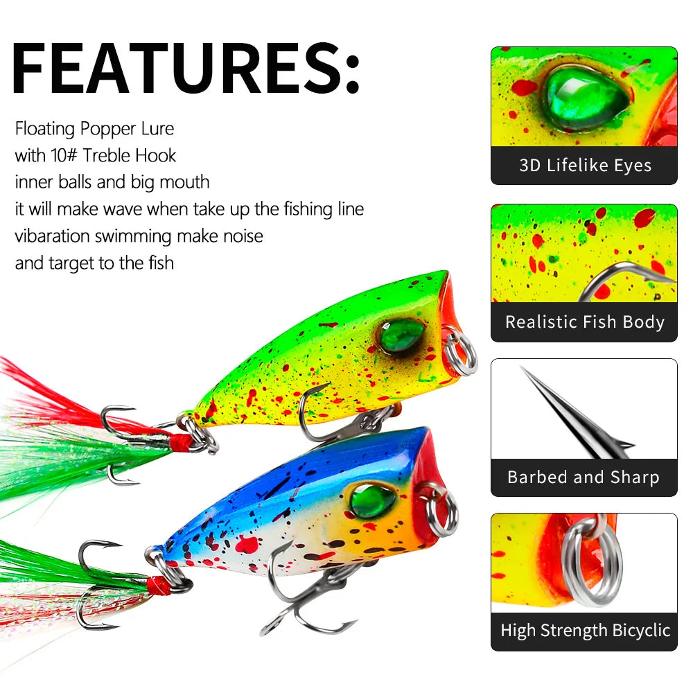 Mini Popper Fishing Lures 4.3cm 4g Topwater Hard Bait Artificial Wobblers Plastic Pesca Fishing Tackle with 10# Feather Hooks