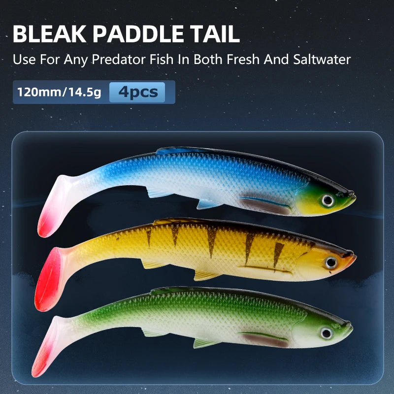 MEREDITH 4.73" Bleak Paddle Tail 14.5g 4pcs 120mm Fishing Soft Lures 3D Eyes T Tail Artificial Bait Plastic Pike Fishing Lures