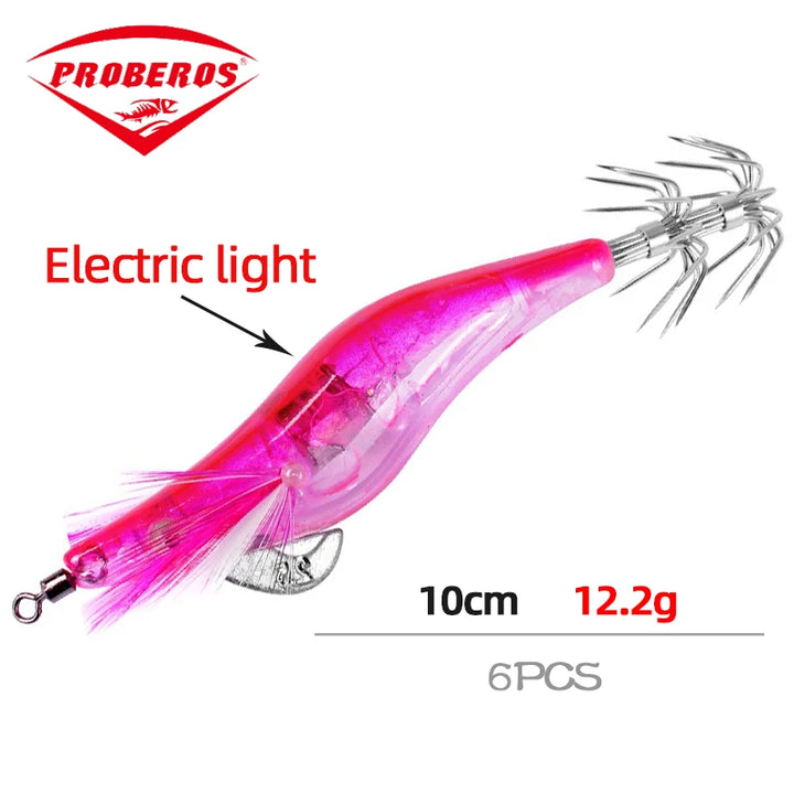 6Pcs 12.5g Battery light Squid bait Wooden Shrimp jig hook Fishing Octopus Lures Cuttlefish Artificial luminous jigging lure