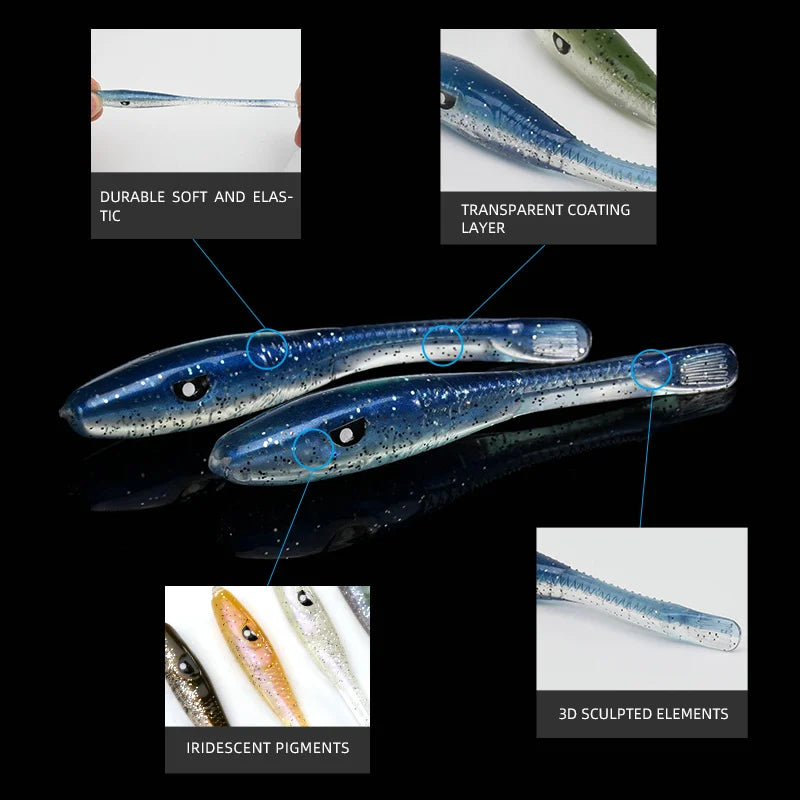 BLUX Crazy Eel 80mm 8pcs/bag Soft Fishing Lure Seabass Artificial Bait Silicone Worm Shad Needfish Saltwater Bass Fishing Tackle