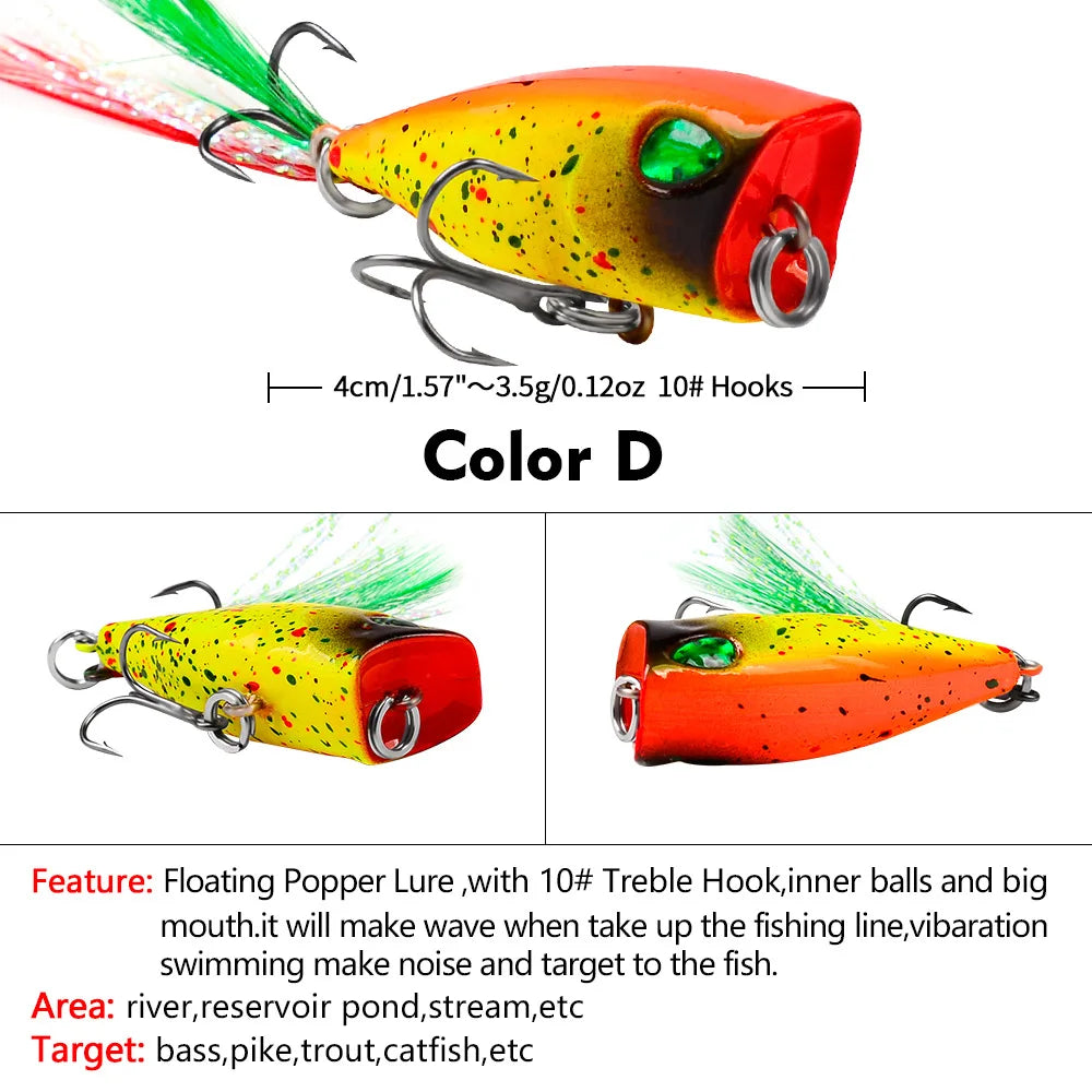 Mini Popper Fishing Lures 4.3cm 4g Topwater Hard Bait Artificial Wobblers Plastic Pesca Fishing Tackle with 10# Feather Hooks