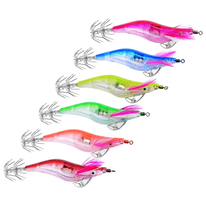 6Pcs 12.5g Battery light Squid bait Wooden Shrimp jig hook Fishing Octopus Lures Cuttlefish Artificial luminous jigging lure