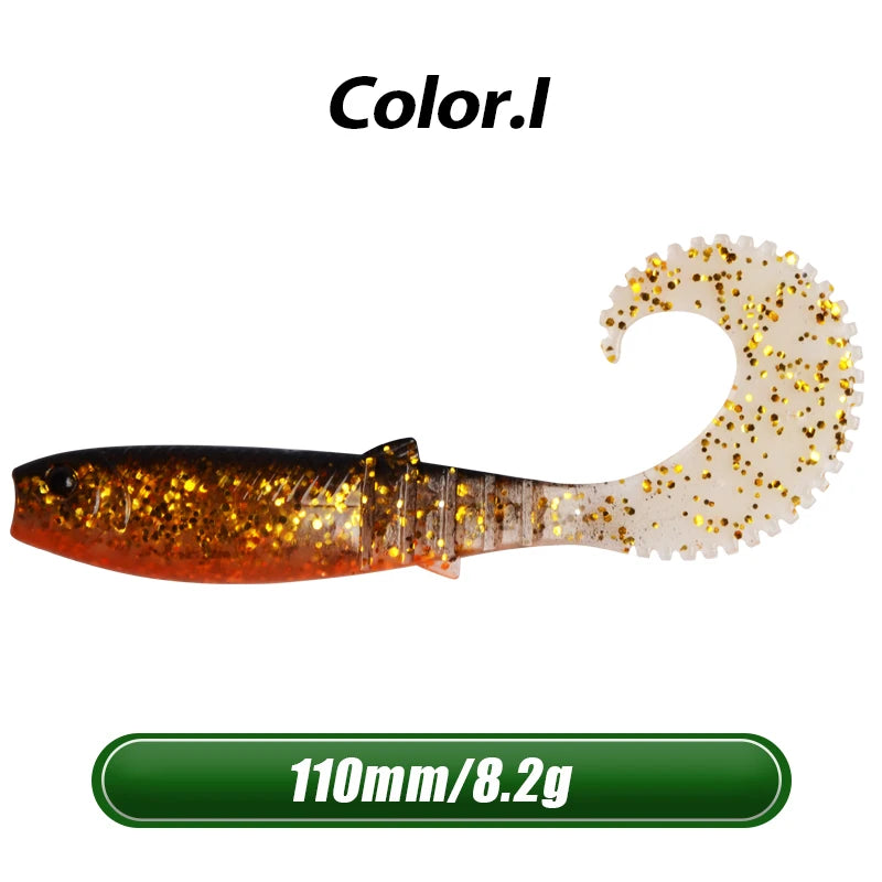 MEREDITH 5pcs 110mm 8.2g Cannibal Curved Tail Fishing Lures baitJerk Sea Big Bait Soft Lure Paddle Tail Silicon Bait Sea Fishing