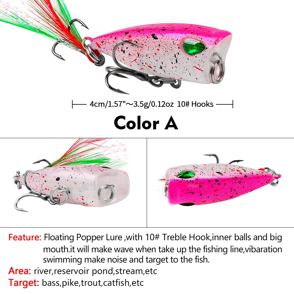 Mini Popper Fishing Lures 4.3cm 4g Topwater Hard Bait Artificial Wobblers Plastic Pesca Fishing Tackle with 10# Feather Hooks