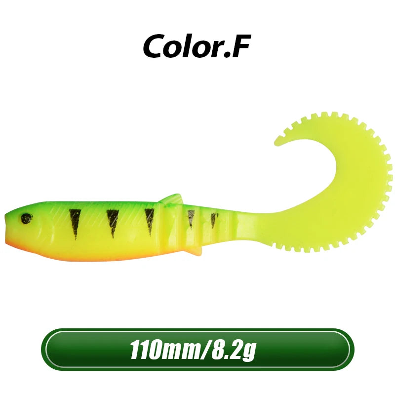 MEREDITH 5pcs 110mm 8.2g Cannibal Curved Tail Fishing Lures baitJerk Sea Big Bait Soft Lure Paddle Tail Silicon Bait Sea Fishing