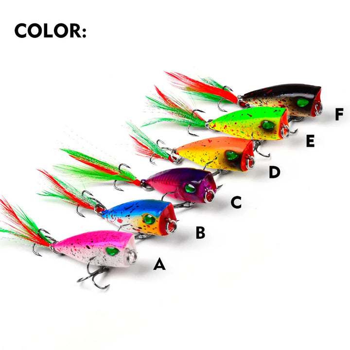 Mini Popper Fishing Lures 4.3cm 4g Topwater Hard Bait Artificial Wobblers Plastic Pesca Fishing Tackle with 10# Feather Hooks