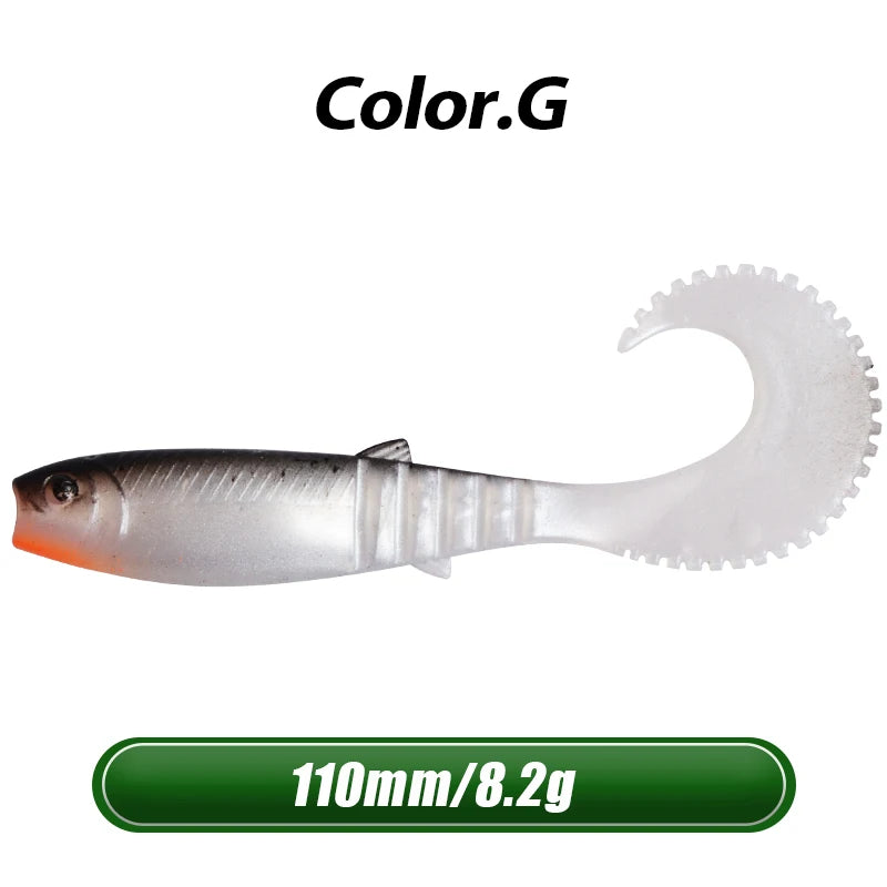 MEREDITH 5pcs 110mm 8.2g Cannibal Curved Tail Fishing Lures baitJerk Sea Big Bait Soft Lure Paddle Tail Silicon Bait Sea Fishing