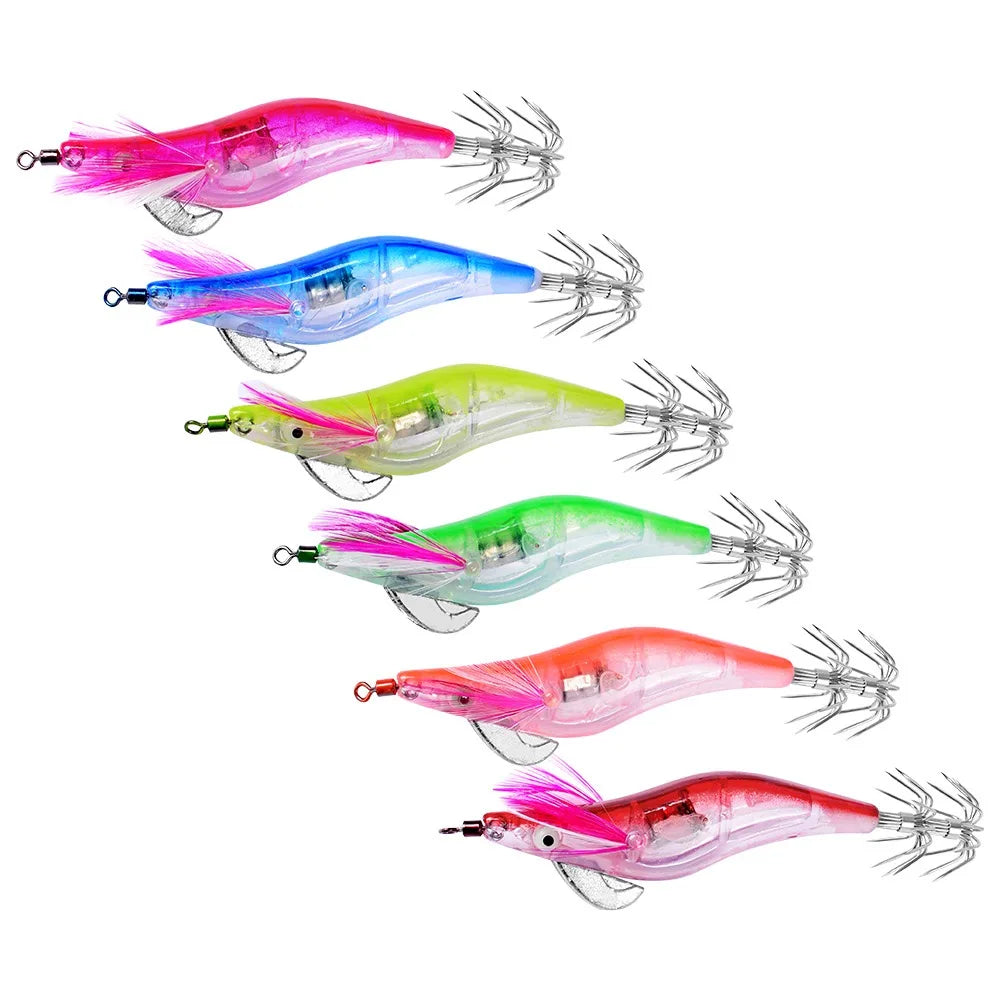 6Pcs 12.5g Battery light Squid bait Wooden Shrimp jig hook Fishing Octopus Lures Cuttlefish Artificial luminous jigging lure