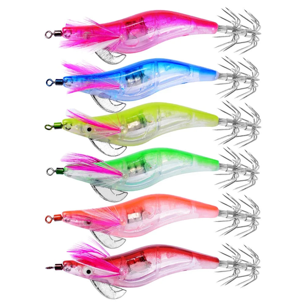6Pcs 12.5g Battery light Squid bait Wooden Shrimp jig hook Fishing Octopus Lures Cuttlefish Artificial luminous jigging lure