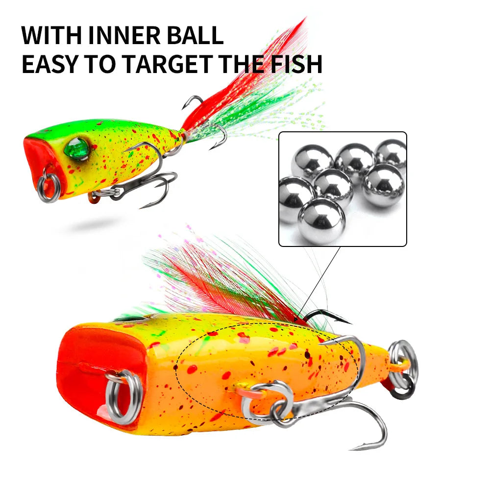 Mini Popper Fishing Lures 4.3cm 4g Topwater Hard Bait Artificial Wobblers Plastic Pesca Fishing Tackle with 10# Feather Hooks