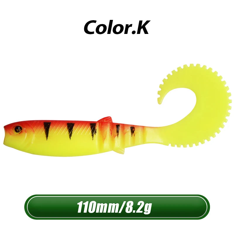 MEREDITH 5pcs 110mm 8.2g Cannibal Curved Tail Fishing Lures baitJerk Sea Big Bait Soft Lure Paddle Tail Silicon Bait Sea Fishing