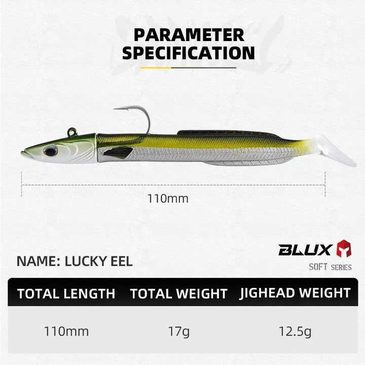 BLUX Happy Sandeel 11cm 17g Soft Live Eel Fishing Lure Paddle Tail Jig Head Hook Vinyls Vibration Artificial Bait Saltwater Gear