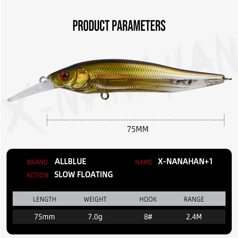 ALLBLUE X-NANAHAN+1 Deep Diving Minnow Fishing Lure 75mm 7g 0-2M Magnetic Slow Floating  Wobbler Bass Pike Artificial Bait