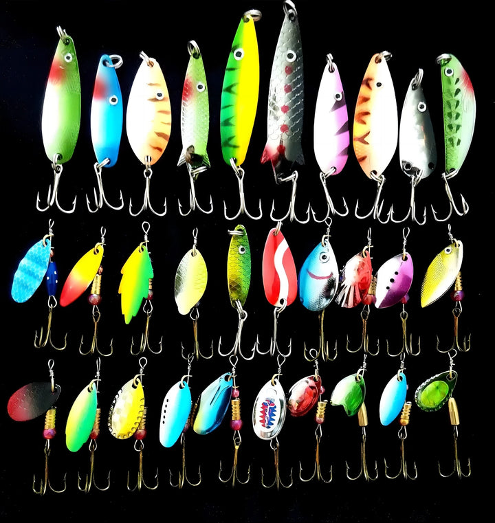 30pcs/Lot Fishing Lures Kit Spoon Spinner Set Metal Lure Artificial Bait Wobblers Bass Pike Perch Trout Freshwater Gear Tackle