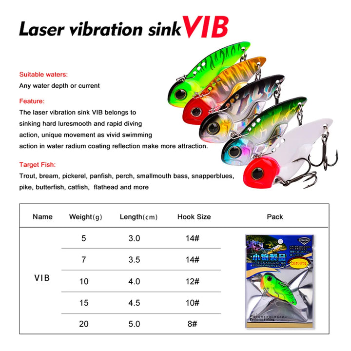 5g- 20g Metal All Water Layer Long Throw Colorful Vibration VIB Sequin Luya Artificial Bass Bait Special Bait for Tremor Bait