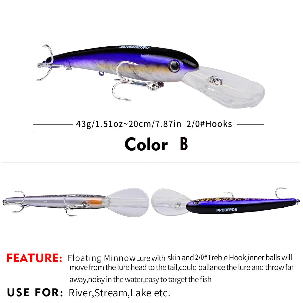 Topwater Laser Minnow Fishing Lure, Artificial Hard Bait, Fishing Hooks, Fish Wobbler Tackle Crankbait, Swimbait, 20cm, 43g