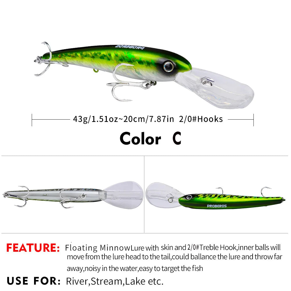 Topwater Laser Minnow Fishing Lure, Artificial Hard Bait, Fishing Hooks, Fish Wobbler Tackle Crankbait, Swimbait, 20cm, 43g