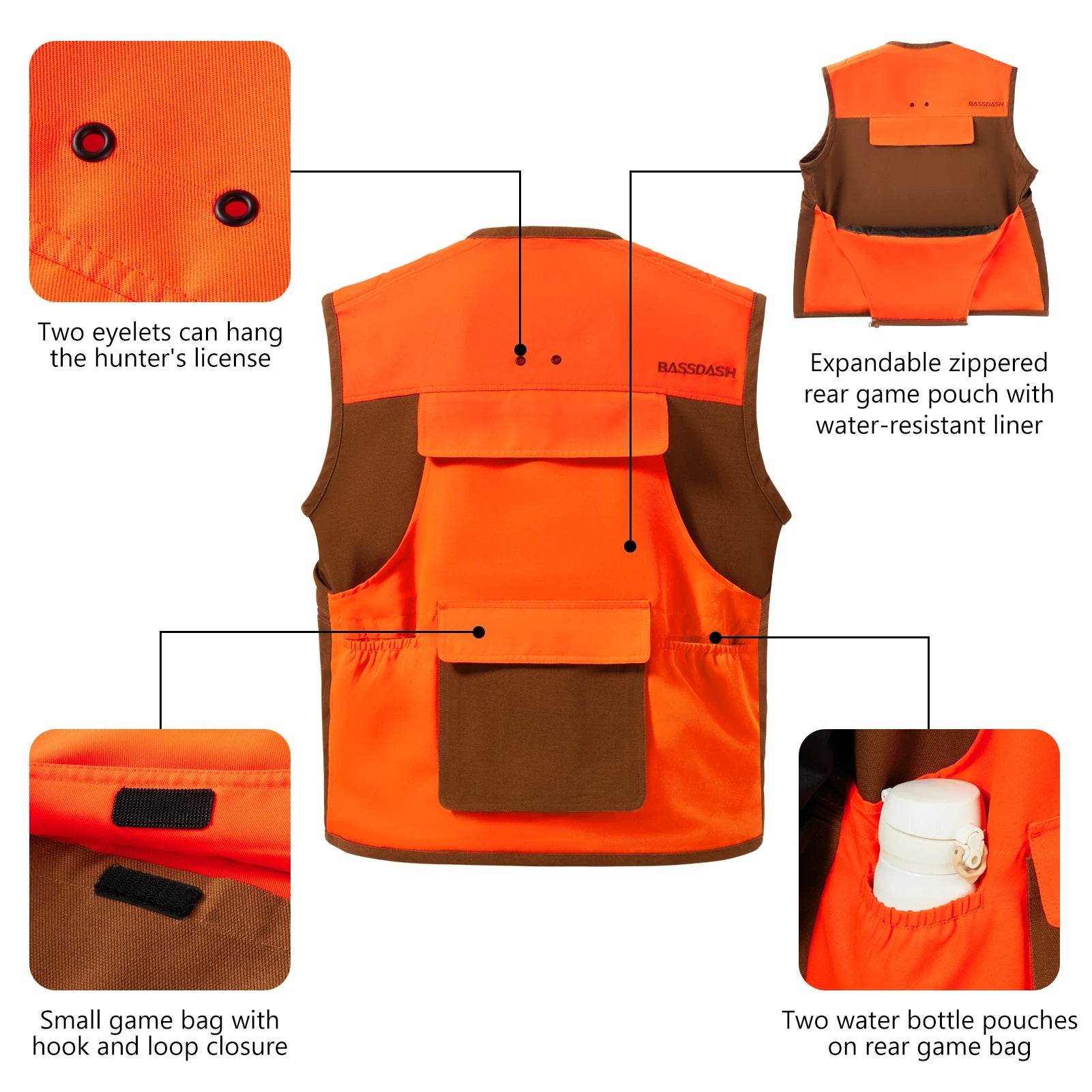 BASSDASH Blaze Orange & Brown Upland Hunting Vest - Fish & Cheaps | Fishing & Outdoor Gear