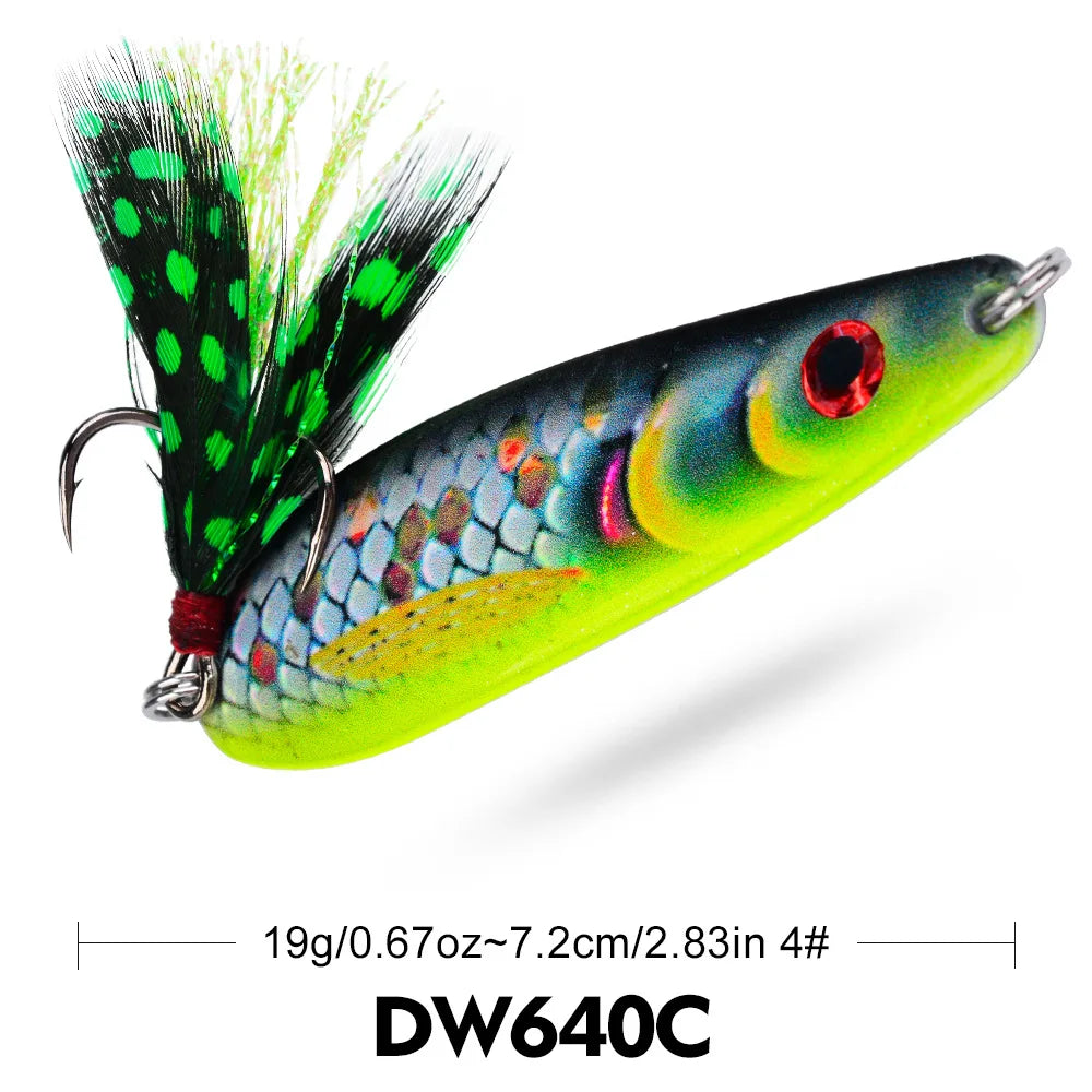 PRO BEROS 19g 7.2cm Long Cast Printed Lure Spoon Metal Bait All Water Layers Trembling Simulation Fishing Lure with Feathers