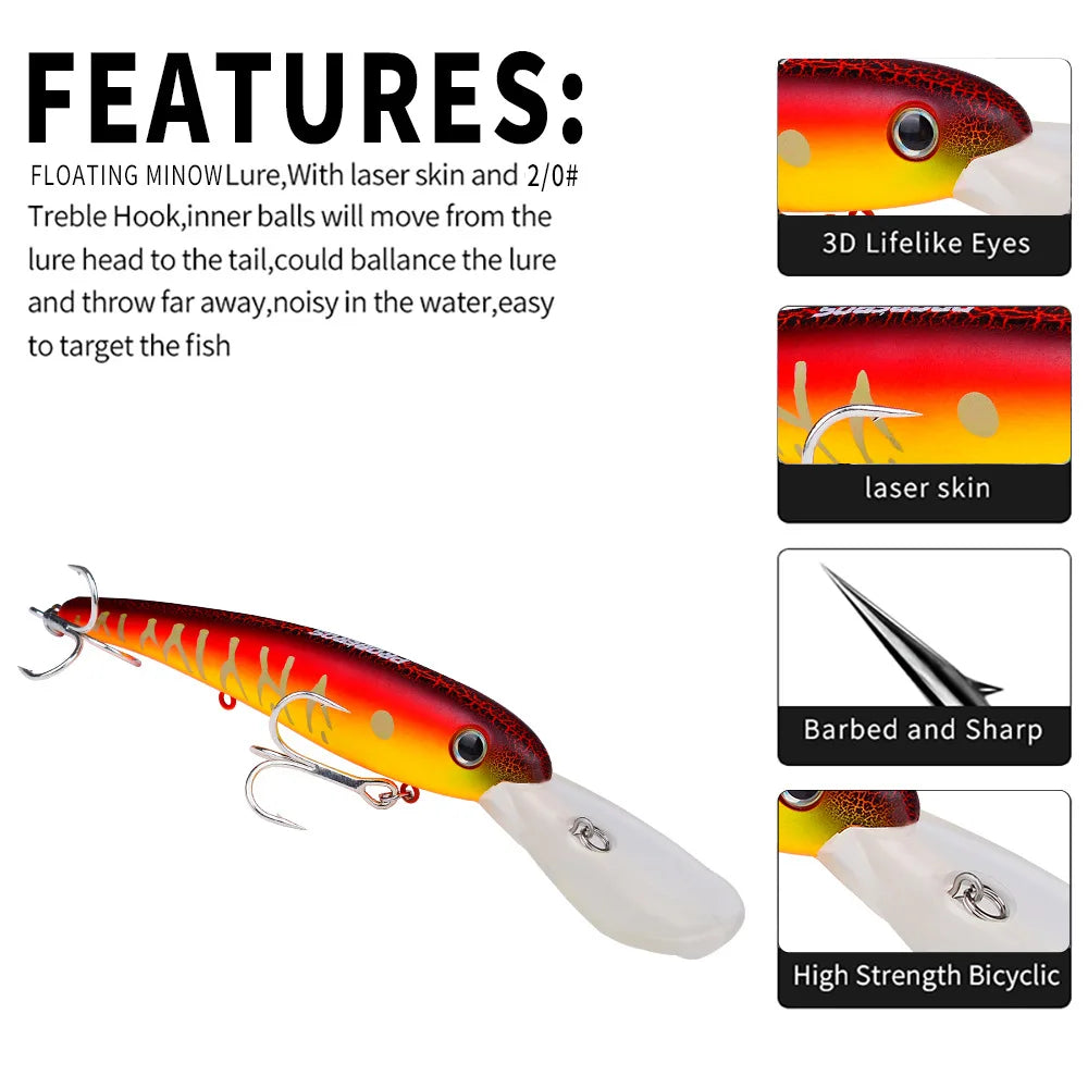 Topwater Laser Minnow Fishing Lure, Artificial Hard Bait, Fishing Hooks, Fish Wobbler Tackle Crankbait, Swimbait, 20cm, 43g