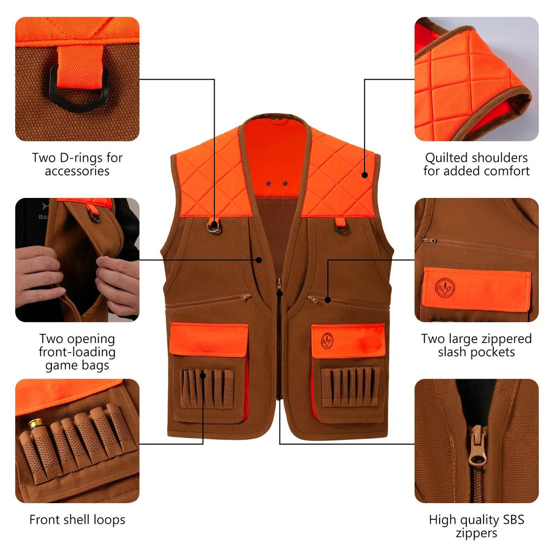 BASSDASH Blaze Orange & Brown Upland Hunting Vest - Fish & Cheaps | Fishing & Outdoor Gear