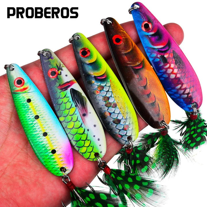 PRO BEROS 19g 7.2cm Long Cast Printed Lure Spoon Metal Bait All Water Layers Trembling Simulation Fishing Lure with Feathers