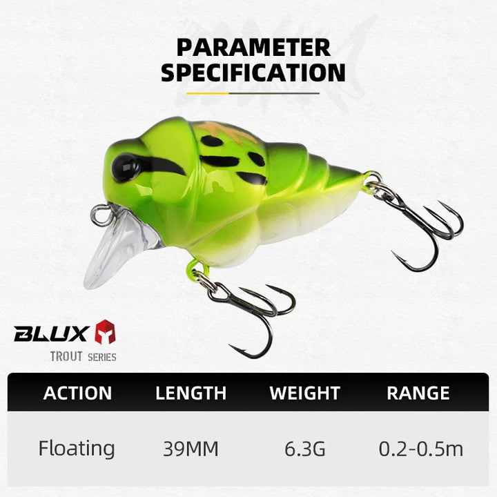 BLUX Cicada Fishing Lure 39mm 6.3g Insect Floating Crankbait BFS Shallow Rolling Crank Freshwater Bass Perch Trout Bait Tackle