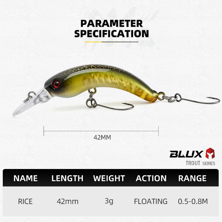 BLUX RICE Mini Crankbait 3.0g 42mm BFS Area Trout Wobbler Fishing Lure Freshwater Minnow Crank Artificial Hard Bait Tackle
