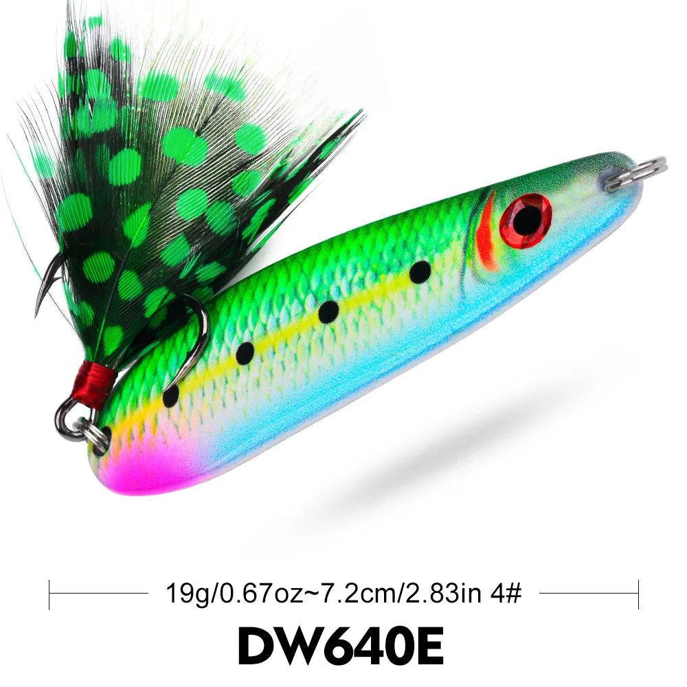 PRO BEROS 19g 7.2cm Long Cast Printed Lure Spoon Metal Bait All Water Layers Trembling Simulation Fishing Lure with Feathers